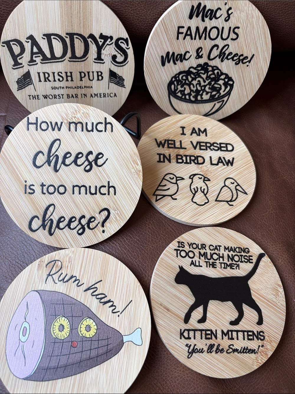 Set of 6 Bamboo Coasters with Funny Food & Pet Sayings